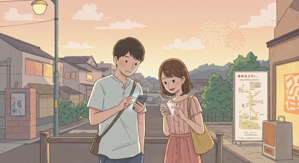 会場を確認するカップル