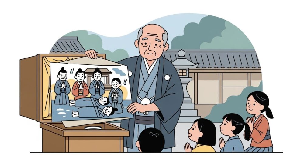 疫病が流行する様子を紙芝居で紹介