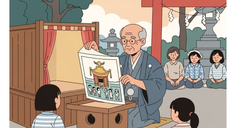 紙芝居で日田祇園祭の始まりを教える老人