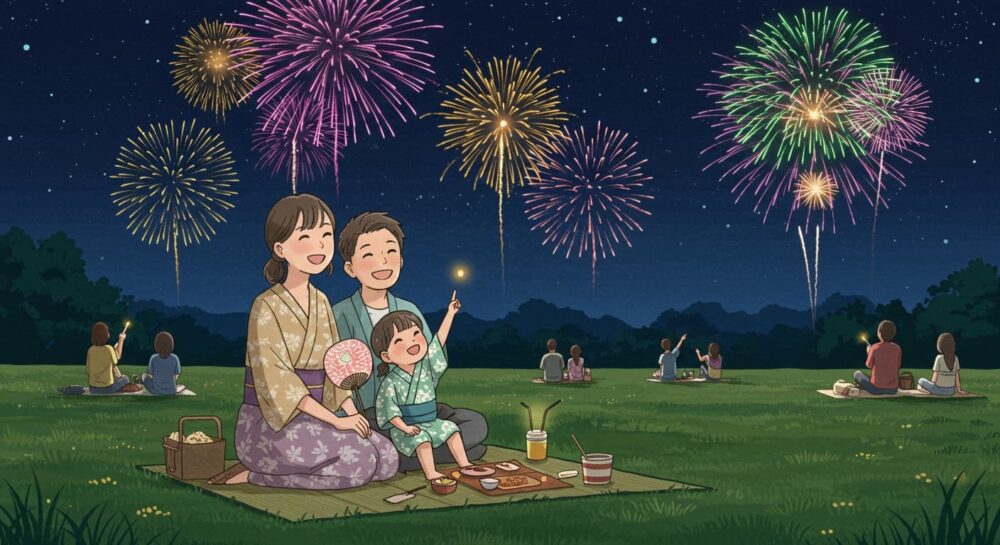 花火を見る家族
