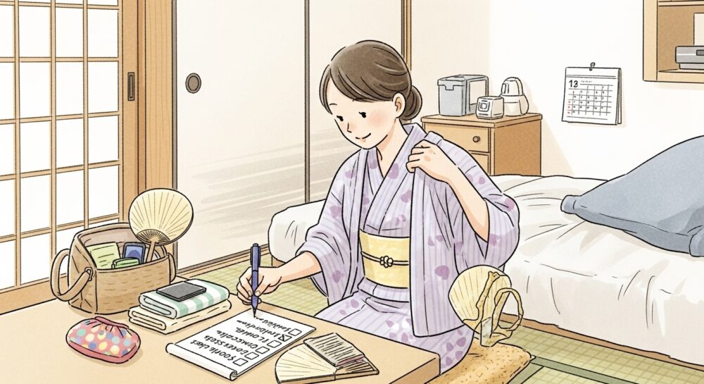 持ち物リストを見る女性