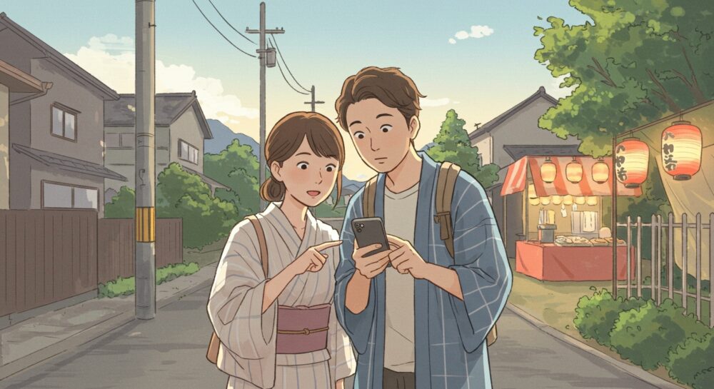会場までのアクセスを確認するカップル