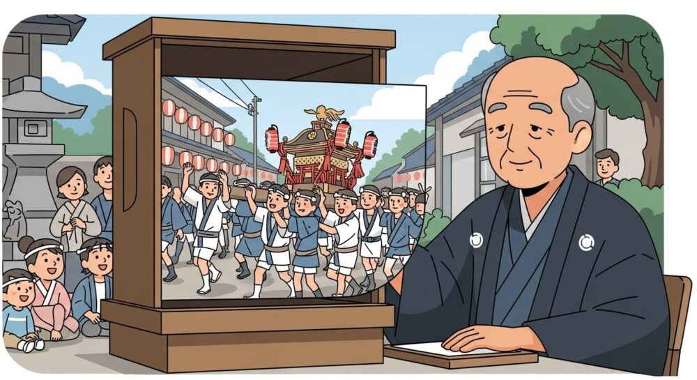 紙芝居で神輿を担ぐシーンを語る
