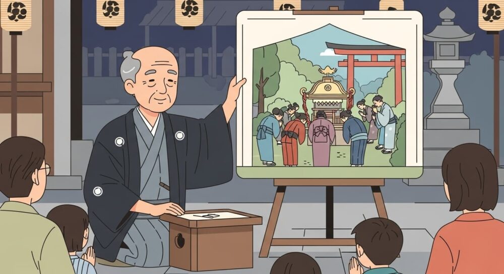 神様にお祈りする様子の紙芝居