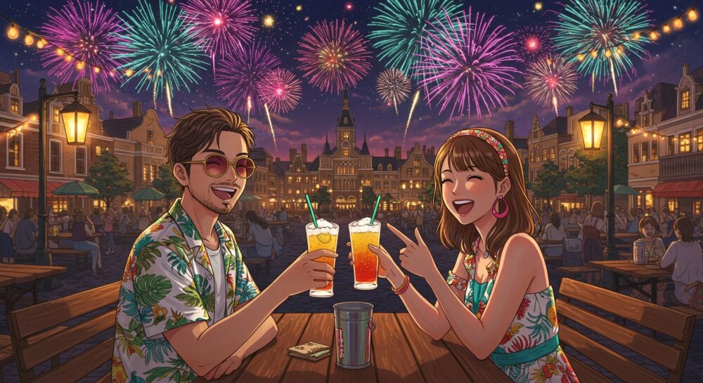 ビアガーデンで花火を楽しむカップル