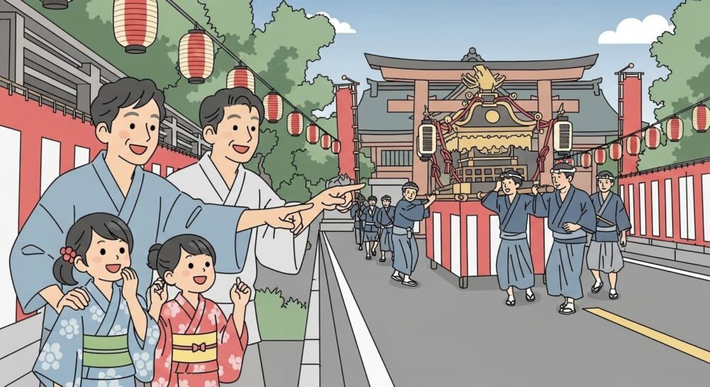 住吉祭を見学する家族