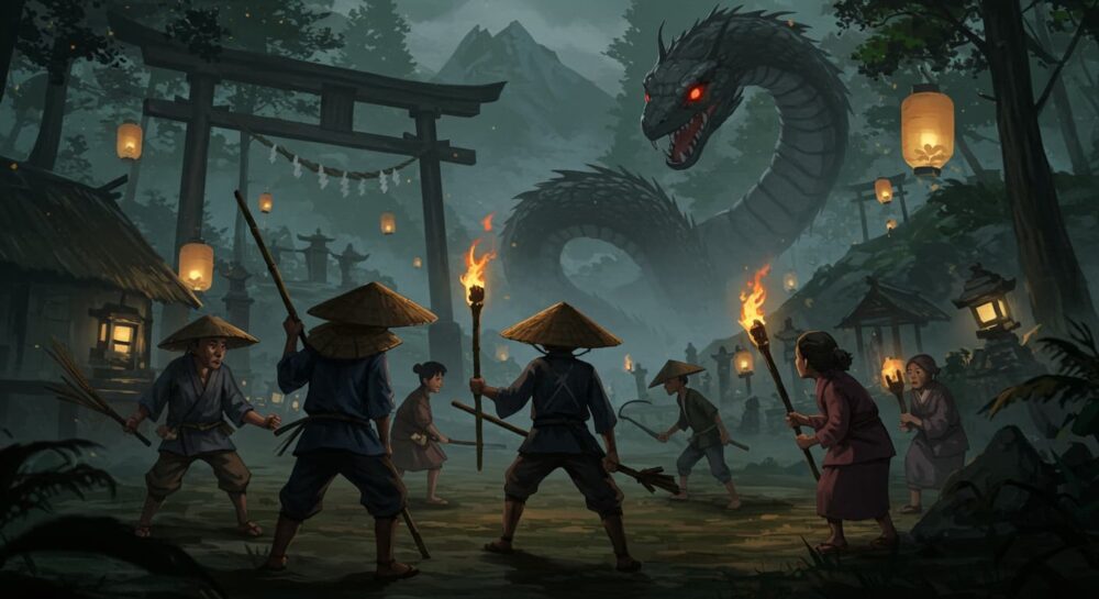 大蛇に立ち向かう村人