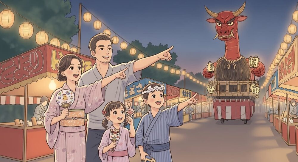 牛鬼祭りを楽しみにしている家族