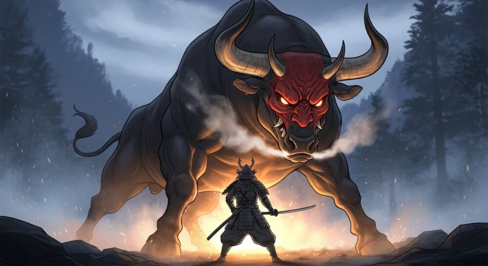 牛鬼と対峙する武士