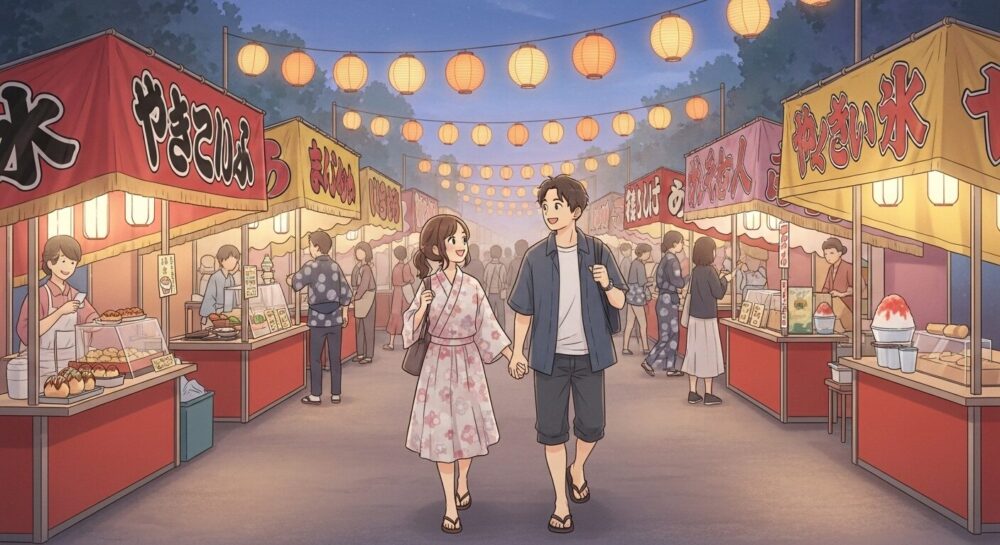 屋台を楽しむカップル