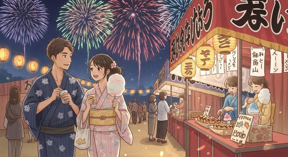 屋台を楽しむカップル
