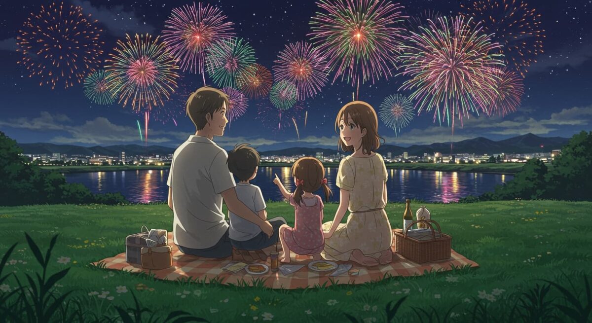 穴場スポットで花火を見る家族
