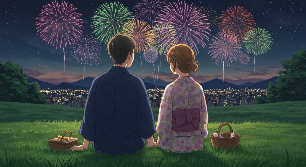 穴場で花火を見るカップル
