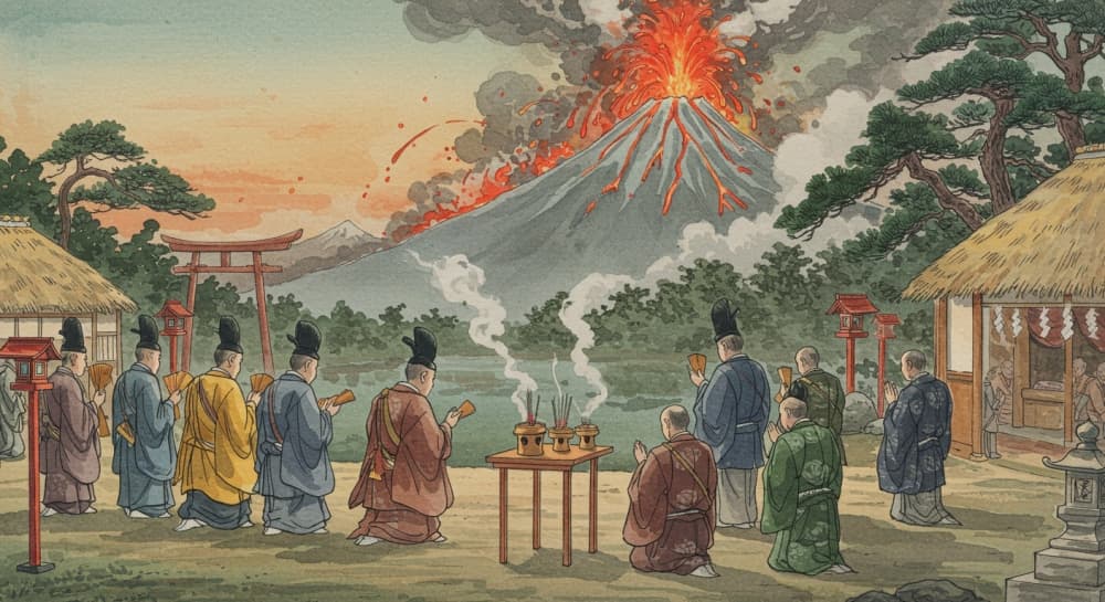 噴火する富士山と鎮火を祈る人々