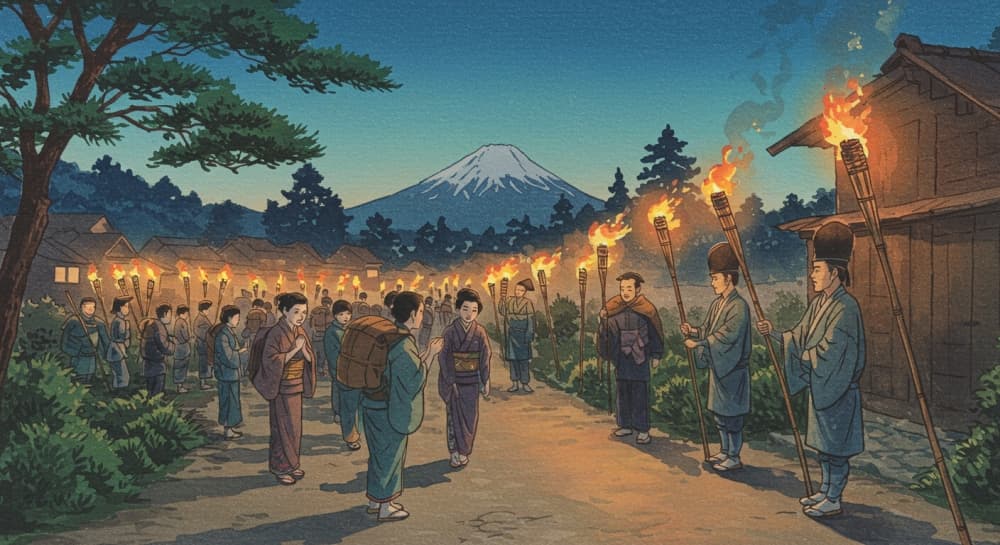 松明を照らしで歓迎する御師